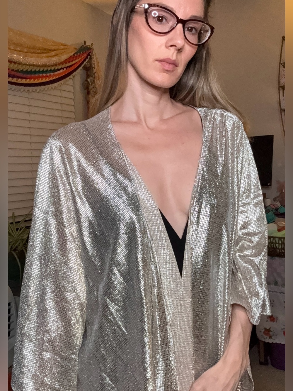 Tahari Silver Draped Open-Front Cape Jacket